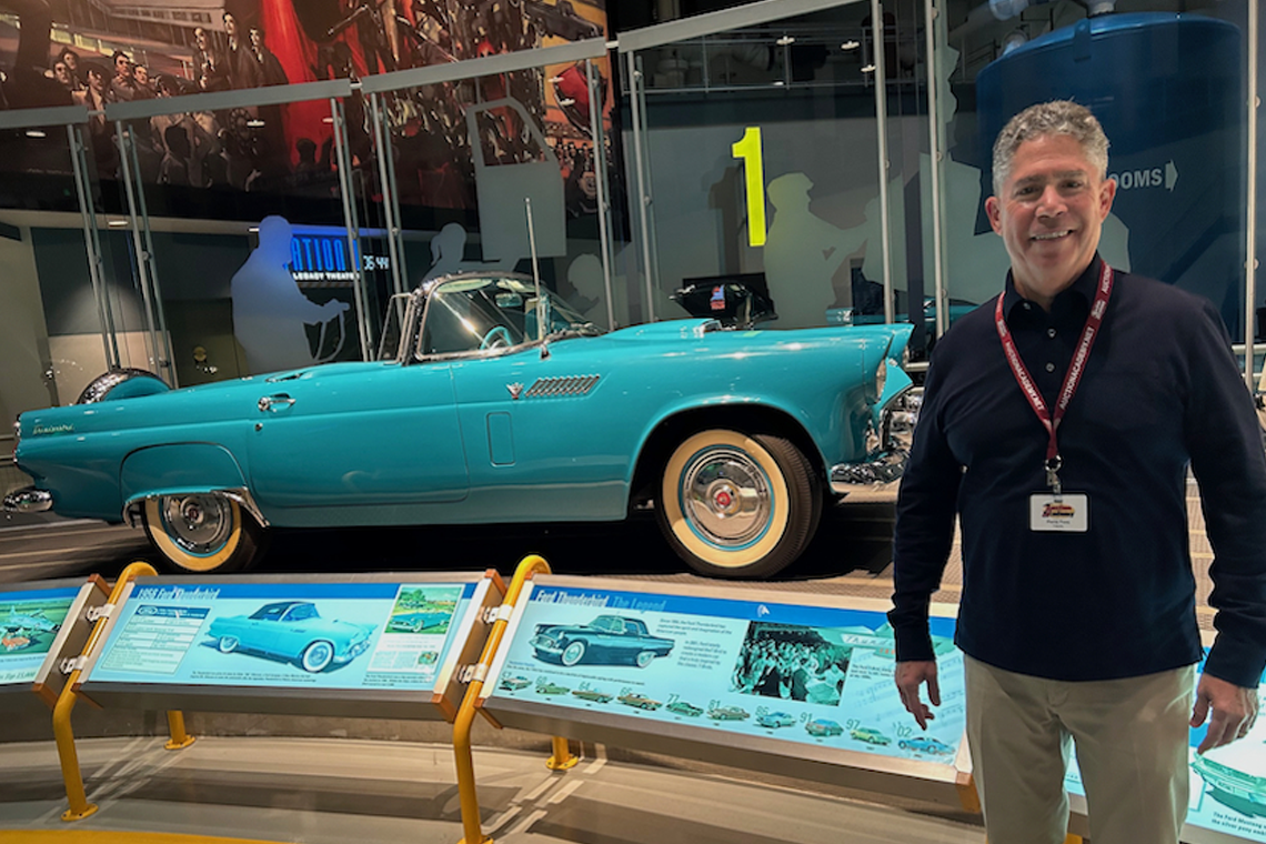   Academy Auction Founder Pierre Pons shown with a classic Ford Thunderbird at the Ford Rouge Complex in Dearborn, Mich., Oct. 2025